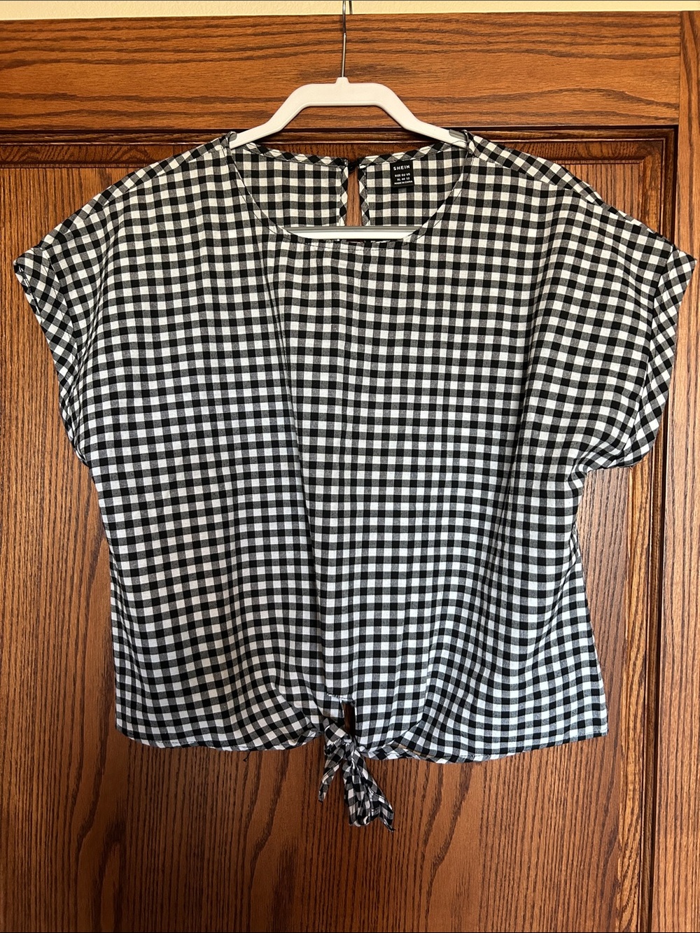SHEIN Black & White Gingham Tie-Front Crop Top